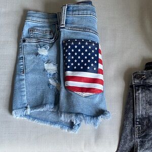 Hot Babes Summer or Spring Break. Blue Denim Shorts with Flag Accent